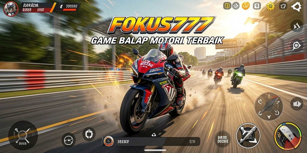 Screenshot gameplay FOKUS777 menampilkan balapan motor yang cepat dan mendebarkan.