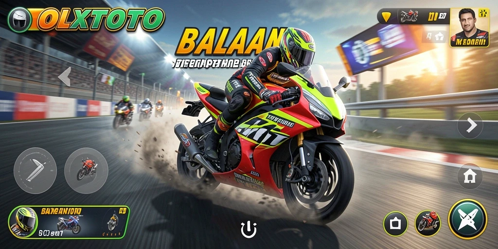 Tampilan gameplay OLXTOTO yang mendebarkan dengan balapan motor yang cepat.